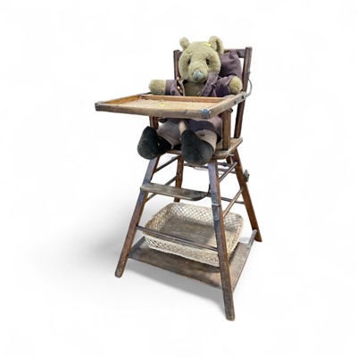 Lot 5224 - Old teddy bear in an Edwardian metamorphic high chair