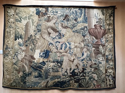 Lot 1654 - 18th century, or earlier, verdure tapestry depicting classical figures in a garden, possibly Achilles with attendants, 183cm x 250cm