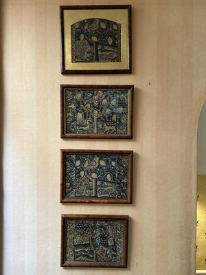 Lot 1655 - Group of four 17th / 18th century tapestry fragments depicting flora and fauna, each in glazed frame, average size 24cm x 35cm