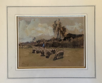 Lot 1660 - Willy Sluiter (1873-1949) pencil and watercolour - Sheep Grazing, signed, 10.5cm x 14cm, in glazed frame