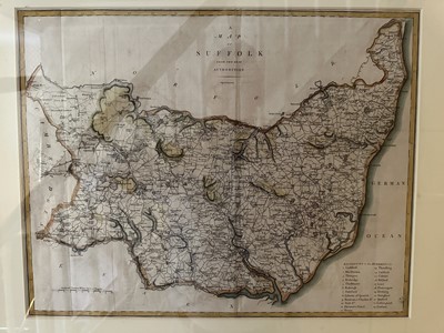 Lot 1662 - 18th century hand-coloured engraved map of Suffolk by Cary, 40.5cm x 51.5cm, in glazed frame