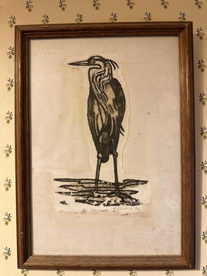 Lot 1669 - *Reginald James Lloyd (1926-2020) mixed media on cut paper - A Heron, signed and dated '82, 18cm x 11cm, probably an illustration for a Ted Hughes poetry book, in glazed frame