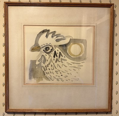 Lot 1670 - *Reginald James Lloyd (1926-2020) mixed media on cut paper - A Cockerel, signed and dated 1982, 22cm x 26cm, probably an illustration for a Ted Hughes poetry book, in glazed frame
