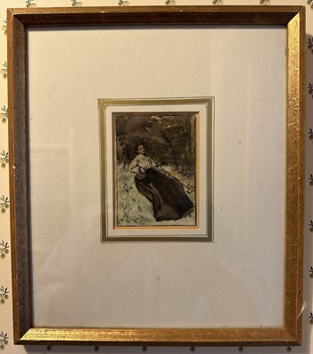 Lot 1671 - Philip Hermogenes Calderon (1833-1898) ink and watercolour sketch - The Croquet Player, 9.5cm x 7cm, in glazed gilt frame