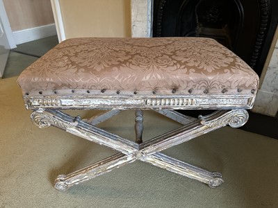 Lot 1679 - Antique silvered and gilded X-formed dressing stool with upholstered top, 65cm wide x 41cm deep x 50cm high