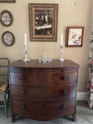 Lot 1683 - George III mahogany chest of three long drawers with brushing slide, bun handles, on bracket feet, 94cm wide x 56cm deep