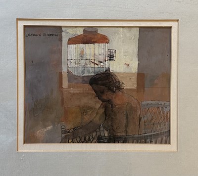 Lot 1684 - *Leonard Rosoman (1913-2012) mixed media on paper - The Model and the Bird Cage, signed, 16cm x 19.5cm, in glazed gilt frame