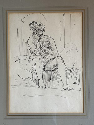 Lot 1687 - *Augustus John (1878-1961) pen and ink drawing - A Seated Figure, signed, 39cm x 29cm, in glazed frame