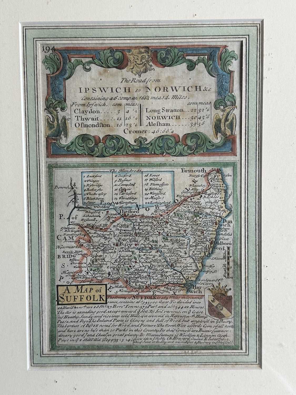Lot 1632 - 18th century hand-coloured engraved Road Map, Ipswich to Norwich, 18.5cm x 12cm, in double-sided glazed frame