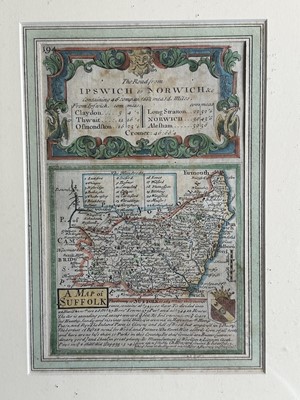 Lot 1632 - 18th century hand-coloured engraved Road Map, Ipswich to Norwich, 18.5cm x 12cm, in double-sided glazed frame