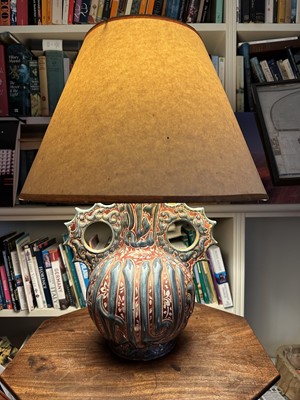 Lot 1634 - Antique Cantegalli lustre pottery table lamp, 28cm high