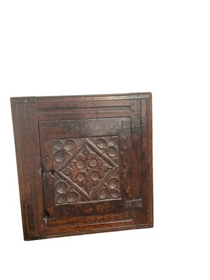Lot 5291 - Antique and later carved oak hanging corner cupboard incorporating 17th century elements, 46cm wide x 49cm high