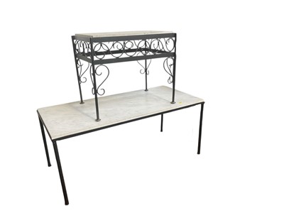 Lot 5312 - Two marble topped wrought iron garden tables