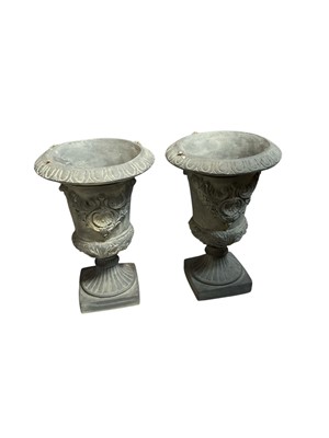 Lot 5296 - Pair of weathered lead-finish resin garden urns by Sia, 51cm high