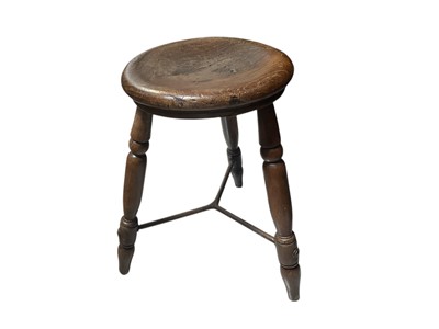 Lot 5297 - Victorian stool with circular sear in three turned legs united by steel stretcher