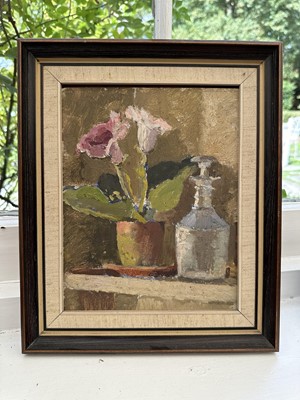 Lot 1701 - Sir Richard Lodowick Edward Montague Rees Bt. (1900-1970) oil on board - Still Life with Decanter, 23.5cm x 18.5cm, framed