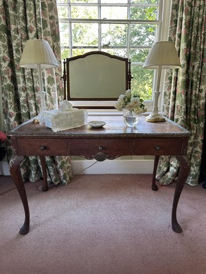 Lot 1703 - Late 19th / early 20th century pine dressing table with three drawers, on carved and cabriole legs, 11cm wide x 55cm deep