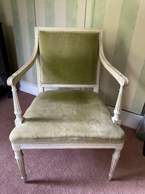 Lot 1704 - Early 20th century painted open elbow chair with upholstered back and seat, on tapered fluted legs