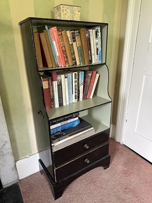 Lot 1705 - 19th century ebonised waterfall front narrow bookcase, with two drawers below, on bracket feet, 48cm wide x 28cm deep x 105cm high