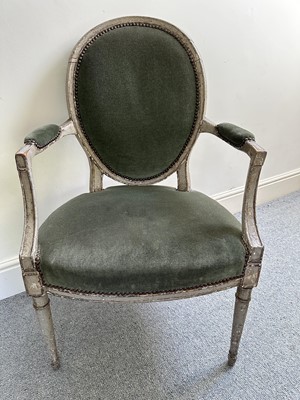 Lot 1716 - 19th century painted open elbow chair with oval upholstered back and seat, on tapered legs