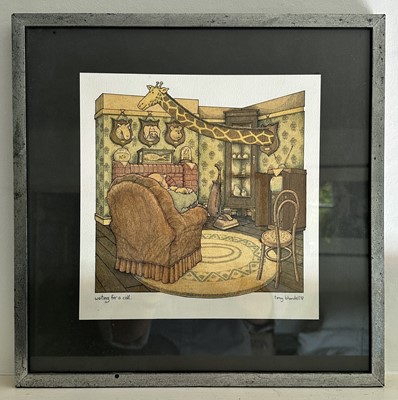 Lot 1718 - Tony Blundell (b.1951) ink and watercolour illustration - 'Waiting for a Call', signed and dated '77, 25cm square, in glazed frame