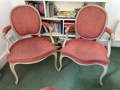 Lot 1722 - Pair of antique painted open elbow chairs with upholstered oval backs and serpentine seats, on cabriole legs