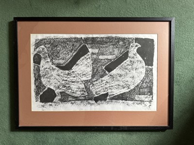 Lot 1724 - Camberwell School of Art, monochrome print - Two Birds, 36cm x 59cm, in glazed frame