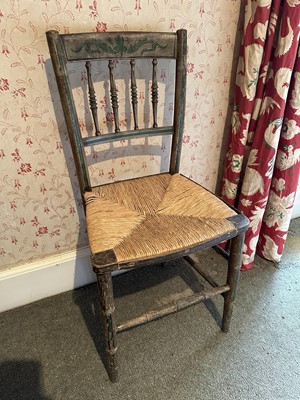 Lot 1744 - 19th century painted single chair with turned supports and rush seat, together with a 19th century rush seated fruitwood ladder back chair (2)