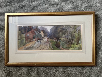 Lot 1747 - English School, 19th century, watercolour - figures in a village lane, probably East Anglia, 14cm x 36cm, in glazed gilt frame
