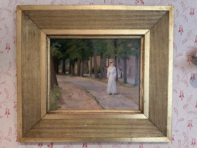 Lot 1748 - Manner of Albert de Belleroche (1864-1944), early 20th century, oil on board - lady walking in a tree lined avenue, 24cm x 30cm, in gilt frame