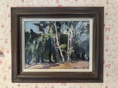 Lot 1749 - Manner of Ivon Hitchens (1893-1979) oil on board - Woodland Study, inscribed sand labelled verso, 28cm x 38cm, framed Provenance: Ex Schidloff Collection