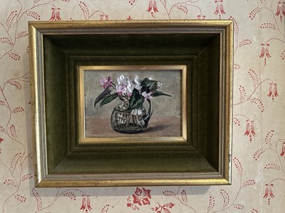 Lot 1750 - *William Bankier Henderson (1903-1993) oil on board - Still Life with Cyclamen, initialled, 10.5cm x 15cm, in gilt frame