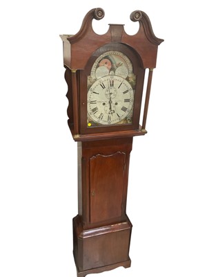 Lot 5309 - 19th century mahogany longcase clock, by W. Wilkinson, Leeds, painted white enamel dial with moonphase, with twin train movement, 201cm high