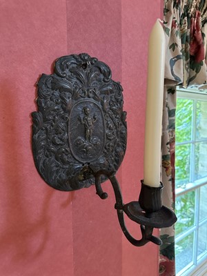 Lot 1756 - Pair of 19th century, or earlier, pewter wall sconces with putto decorated panels