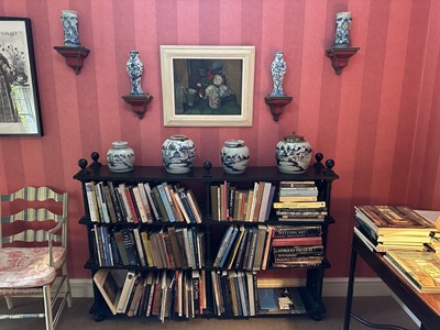 Lot 1759 - 19th century style ebonised open bookcase with column supports, ball finals and bun feet, 155.5cm wide x 27cm deep x 111cm high