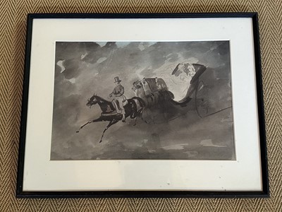 Lot 1764 - English School, in the manner of one of the Zinkeisen sisters, early 20th century, pair of monochrome watercolour sketches, Horse and Carriage, 30cm x 44cm, in glazed frames