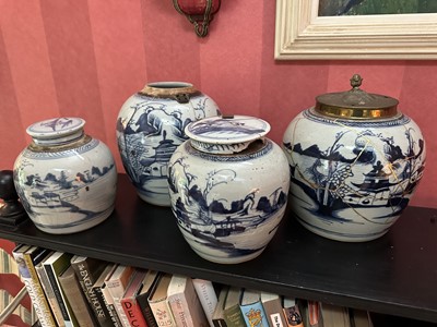 Lot 1767 - Group of four 19th century Japanese blue and white ginger jars, three with lids