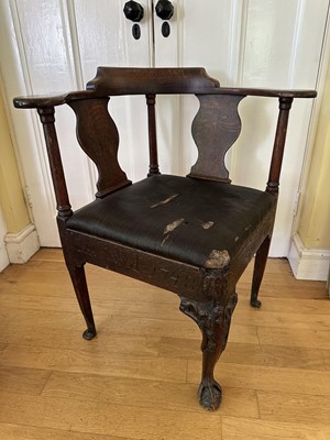 Lot 1799 - Mid 18th century oak corner chair, carved naming to John Wood and dated 1748, on cabriole front leg with carved claw and ball foot, 83cm high