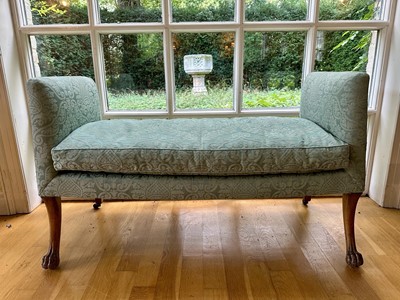 Lot 1805 - Victorian window seat, on cabriole legs with claw and ball front legs, square taper legs at the rear, on castors, upholstered in blue fabric
