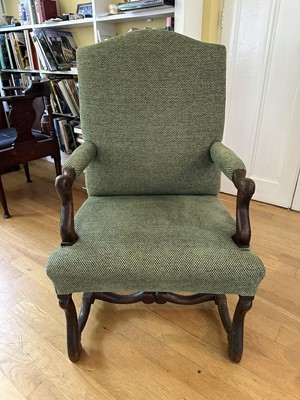 Lot 1814 - 18th century and later oak framed open armchair with arched top, on shaped supports, upholstered in green fabric, 106cm high