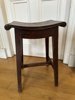 Lot 1820 - 19th century country oak stool with scroll ended seat, on square legs joined by stretchers, 34cm wide x 25cm deep x 51cm high