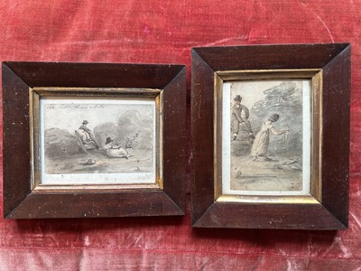 Lot 1776 - English School, early 19th century, pair of watercolours - Brother and Sister Fishing, 11.5cm x 7.5cm, in glazed mahogany veneered frames
