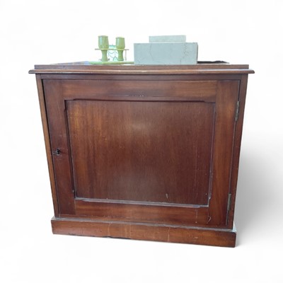 Lot 5316 - Victorian mahogany cupboard of small proportions, single shelf to interior, with lockable panel door, the lock with VR cypher, 59cm wide x 54cm high x 42cm deep
