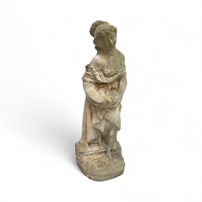 Lot 5318 - Concrete garden sculpture of a woman holding a bird, 71cm high