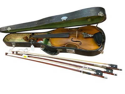 Lot 2734 - Old violin and three bows, in case