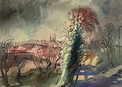 Lot 1 - Rowland Suddaby (1912-1972) watercolour landscape and another to the reverse, signed and dated '40, 24cm x 33cm, glazed both sides, framed