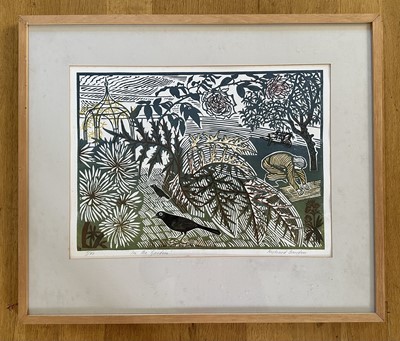Lot 1833 - *Richard Bawden (1936-2024) signed limited edition linocut - 'In the Garden', 7/85, 34cm x 45cm, in glazed frame