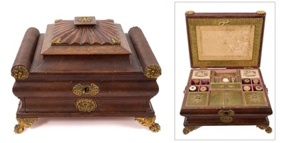 Lot 918 - A fine Regency red leather needlework box with contents