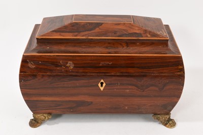 Lot 908 - Regency rosewood sarcophagus shape tea caddy with cut glass mixing bowl and two canisters