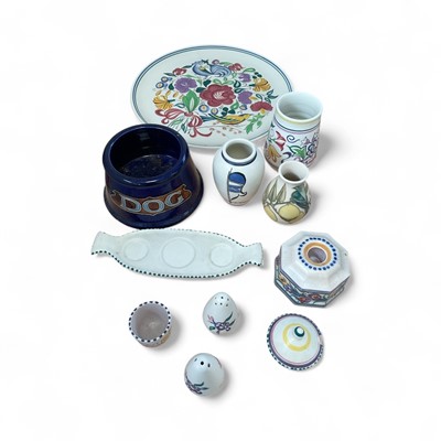 Lot 5327 - Doulton Lambeth style stoneware Dog bowl, together with a Moorcroft vase, a Poole Studio vase, and other Poole pottery